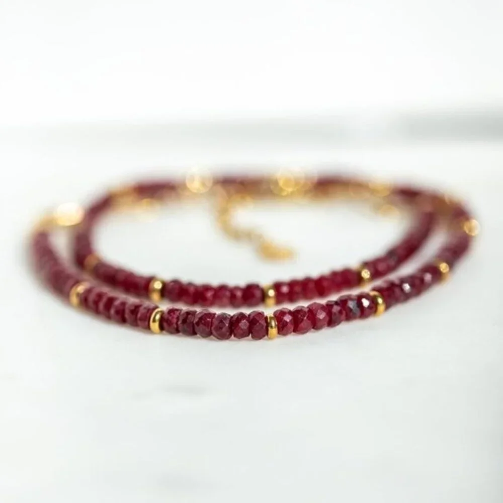 Ruby Beaded Necklace Gold Waterproof Chain July Birthstone Ruby Gemstone Jewelry - Picture 5 of 14
